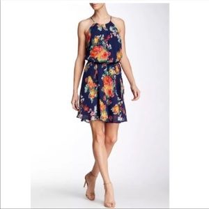 Joie Makana 100% Silk Floral Halter Dress Navy Blue Large